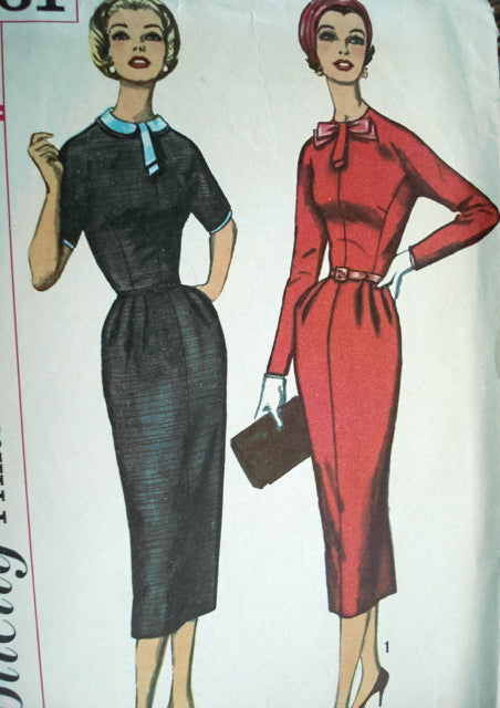 1950s Simplicity Dress Pattern 2261 Slim Fitted Basic Sheath Detachable Collar Peter Pan Version, Neckline Tab  Sleeve Trim