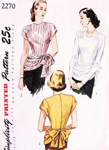 1940s GORGEOUS Peplum Blouse Pattern SIMPLICITY 2270 Back or Side Bow Draped Peplum 2 Neckline Styles OverBlouse Bust 30 Vintage Sewing Pattern