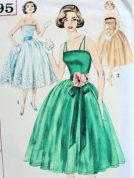 BEAUTIFUL 1950s Strapless  Evening Party Dress Pattern SIMPLICITY 2295 Crossed Straps Version Lovely Fitted Bodice Perfect Full Dancing Skirt Bust 34 UNCUT FACTORY FOLDED