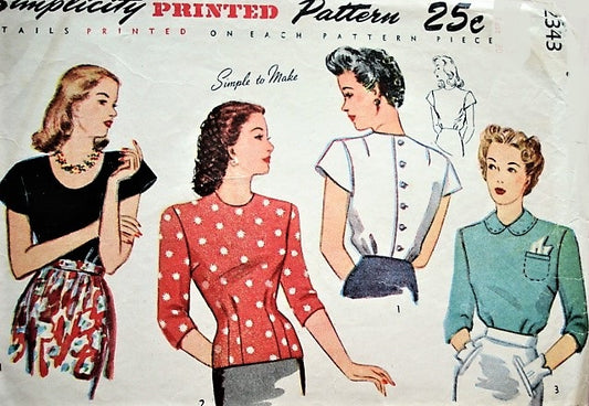 1940s PRETTY Blouse Pattern SIMPLICITY 2343 Three Lovely Versions, Tuck in or Overblouse,Button Back Blouses Bust 34 Vintage Sewing Pattern