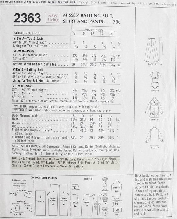 1970s Beach Wear Pattern McCalls 2363  Bond Girl 2 Pc Swim Suit , Bathingsuit Cover Up Shirt, Pants and Sash Bust 31 Vintage Sewing Pattern FF