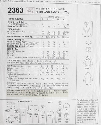 1970s Beach Wear Pattern McCalls 2363  Bond Girl 2 Pc Swim Suit , Bathingsuit Cover Up Shirt, Pants and Sash Bust 31 Vintage Sewing Pattern FF