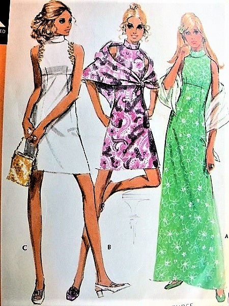 1970s RETRO Dress in Three Versions and Scarf Pattern McCALLS 2369 FAB High Waisted Dress Mini or Formal Length Day or Evening Gown Bust 31 Vintage Sewing Patterns UNCUT