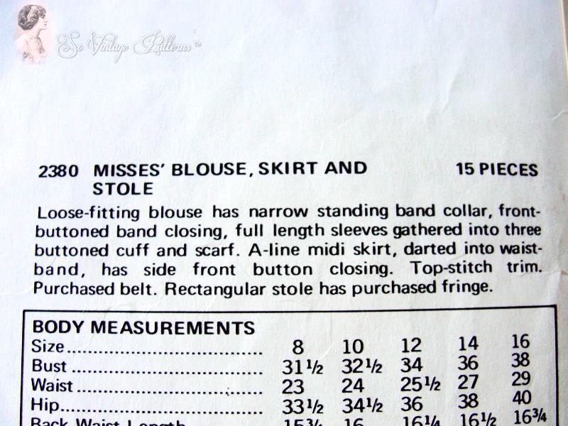 1970 Romantic Simonetta Midi Skirt, Blouse and Shawl Stole Pattern Interesting Side Button Skirt , Victorian High Neck Blouse With Scarf Vogue Couturier Design 2380 Vintage Sewing Pattern Bust 34