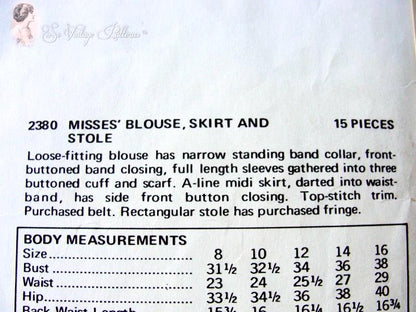 1970 Romantic Simonetta Midi Skirt, Blouse and Shawl Stole Pattern Interesting Side Button Skirt , Victorian High Neck Blouse With Scarf Vogue Couturier Design 2380 Vintage Sewing Pattern Bust 34