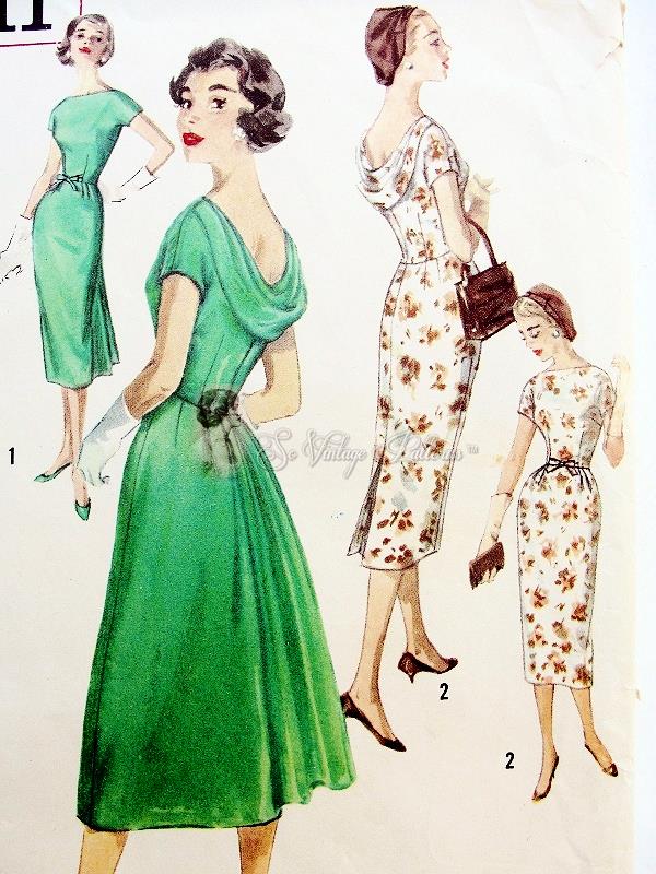 1950s LOVELY Cocktail Dinner Dress Pattern SIMPLICITY 2411 Cowl Back Slim or Flared Skirt Versions Bust 34 Vintage Sewing Pattern