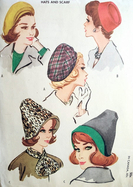 1960 Fashionable Hats and Scarf Pattern McCALLS 2416 Three  Styles Flirty Beret, Classy Pillbox, Reversible Hats and Scarf Original Vintage Sewing Pattern FACTORY FOLDED