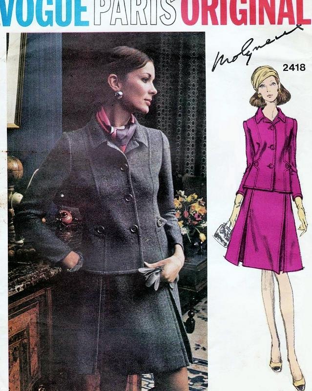 1970s Classy Molyneux Suit Pattern Semi Fitted Jacket, A Line Inverted Side Front Pleats Skirt Vogue Paris Original 2418 Vintage Sewing Pattern UNCUT Bust 34