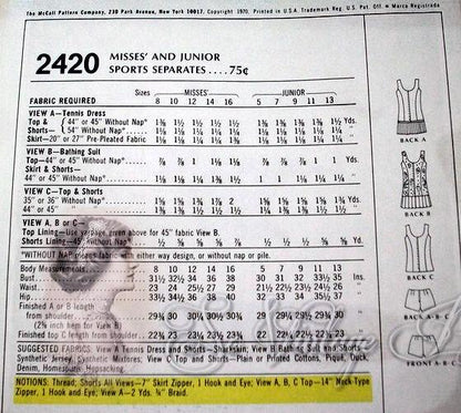 1970s FAB Sports Separates Pattern McCALLS 2420 Bathing Suit or Tennis Dress Bust 31 Vintage Sewing Pattern UNCUT
