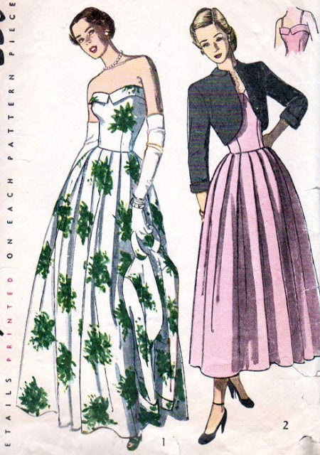 1940s BEAUTIFUL EVENING DRESS, BOLERO PATTERN CUFFED STRAPLESS BODICE, SOFTLY PLEATED, SHORTIE JACKET SIMPLICITY PATTERNS 2442