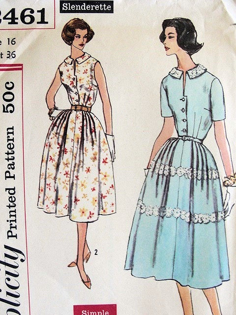 1950s Pretty Easy To Sew Dress Pattern SIMPLICITY 2461 Two Style Versions Bust 36  or 38 Vintage Sewing Pattern FACTORY FOLDED