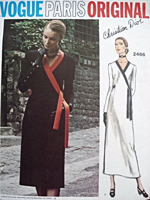 70s DIOR Elegant Wrap Dress Pattern VOGUE Paris Original 2466 Side Wrap Style Day or Evening MIDI Length Bust 34 Vintage Sewing Pattern