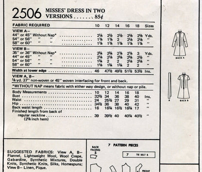 1970s RETRO Easy To Sew A Line Dress Pattern McCALLS 2506 Slit Neckline Built Up Collar Two Style Versions Bust 32 Vintage Sewing Pattern