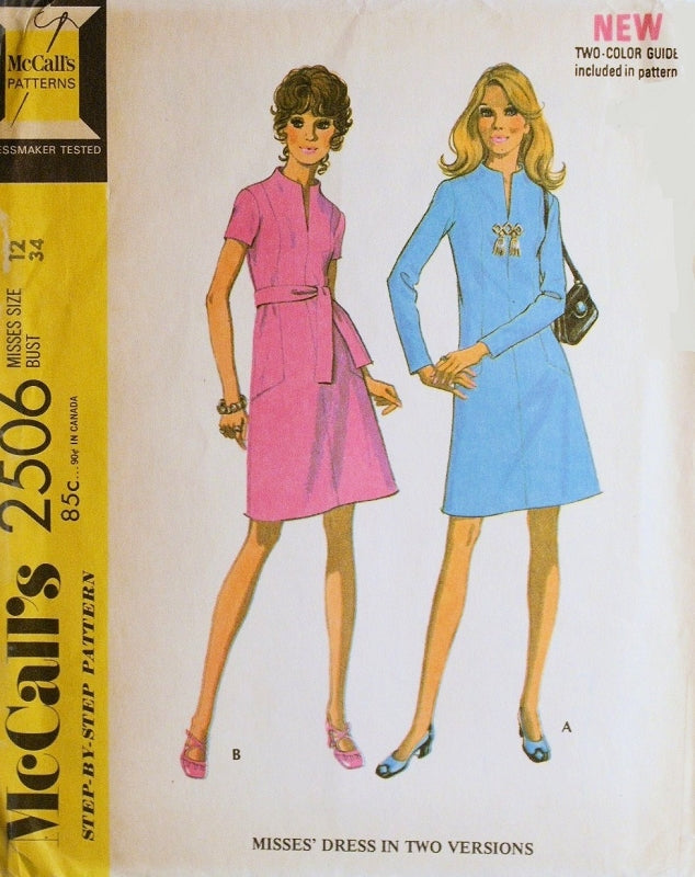 1970s RETRO Easy To Sew A Line Dress Pattern McCALLS 2506 Slit Neckline Built Up Collar Two Style Versions Bust 32 Vintage Sewing Pattern