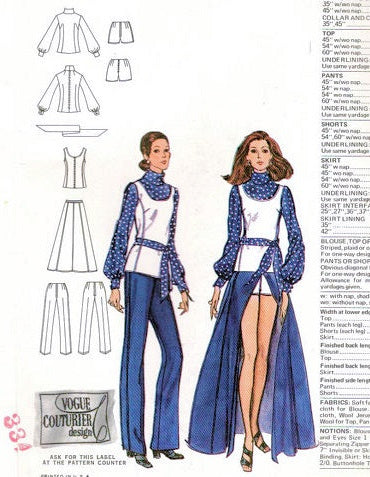 1970s  VALENTINO HotPants, Pants, Tunic, Blouse and Skirt Pattern American Hustle VOGUE COUTURIER DESIGN 2551 Vintage Sewing Pattern Bust 36 FACTORY FOLDED