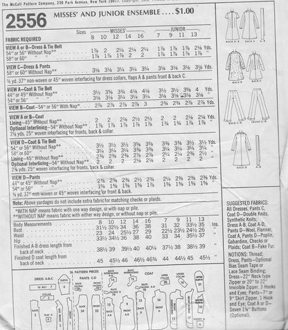 1970s  FAB Mini or Midi Wrap Coat, Cuffed Wide Leg Pants and A Line Dress Pattern McCALLS 2556  Bust 38 Vintage Sewing Pattern FACTORY FOLDED