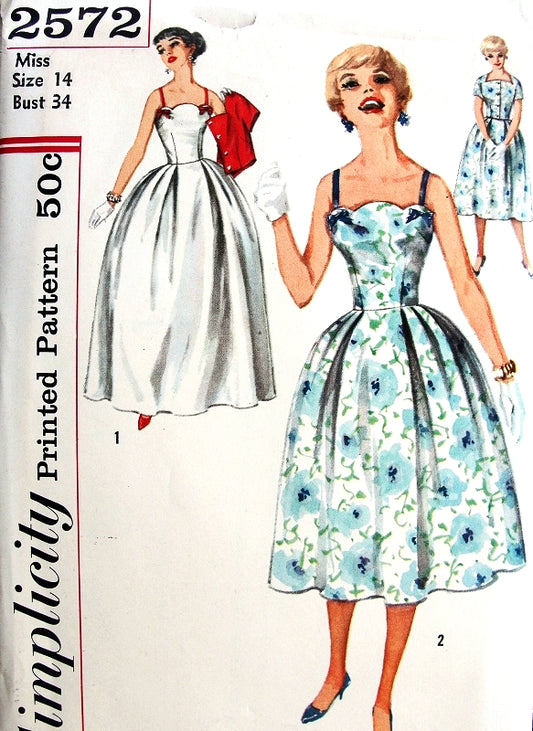 1950s Stunning Evening Dress or Gown Pattern Simplicity 2572 Vintage Sewing Pattern Full Formal or Regular Cocktail Length, Short fitted Jacket Completes The Look UNCUT FACTORY FOLDED Bust 34