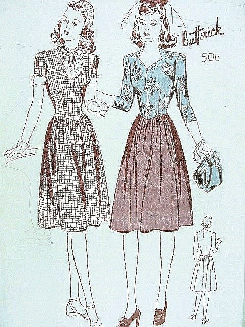 1940s WWII Era  Dress Pattern BUTTERICK 2595 Two Pretty Neckline Versions,Basque Style Dress, Bust 34 Vintage Sewing Pattern