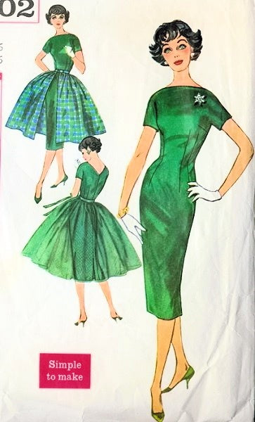 1950s Sheath Evening Cocktail Dress Pattern Simplicity 2602 Bateau Neckline, Full Overskirt In Two Lengths Simple To Make  Bust 32 Vintage Sewing Pattern