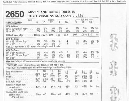 1970 Dress Pattern 3 Style Versions Mini, Regular and Midi Lengths Flattering Princess Seam McCalls 2650 Vintage Sewing Pattern UNCUT