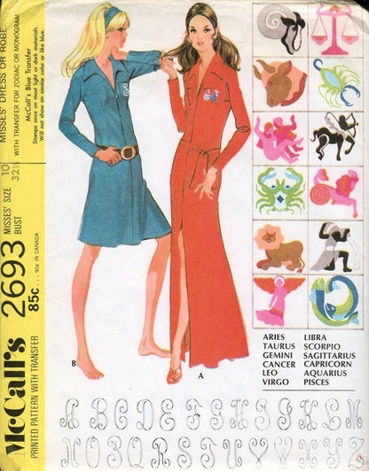 1970s Unique Dress or Robe  With Zodiac and Monogram Transfers Pattern McCall's 2693 Vintage Sewing Pattern UNCUT FACTORY FOLDED