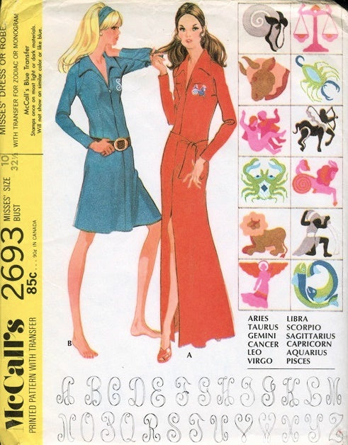 1970s Unique Dress or Robe  With Zodiac and Monogram Transfers Pattern McCall's 2693 Vintage Sewing Pattern UNCUT FACTORY FOLDED