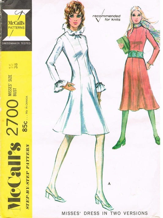 1970s Romantic Ruffled High Neck Collared Dress Pattern Long Sleeve Four Gored Dress Beautiful Design McCalls 2700 Vintage Sewing Pattern UNCUT FACTORY FOLDED