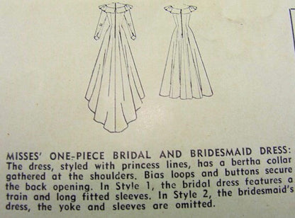 1940s  PRINCESS STYLE WEDDING GOWN BRIDAL DRESS PATTERN FLATTERING BERTHA COLLAR SIMPLICITY 2724