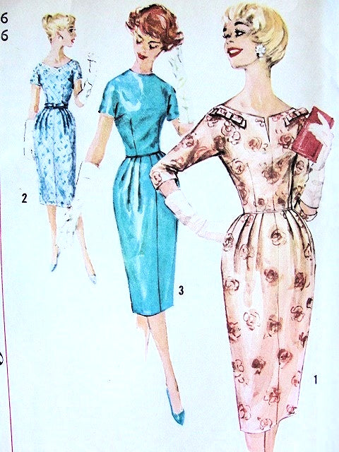 1950s Eye Catching SLIM Cocktail Party Dress Pattern SIMPLICITY  2726 Three Neckline Versions Bust 33 Vintage Sewing Pattern