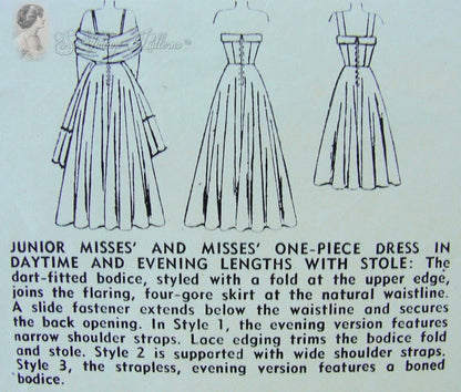 1940s  Cocktail or Evening Gown and Stole Pattern Flattering Strapless or with Straps Dress  Simplicity  2742  Featured in Chatelaine Magazine in 1949