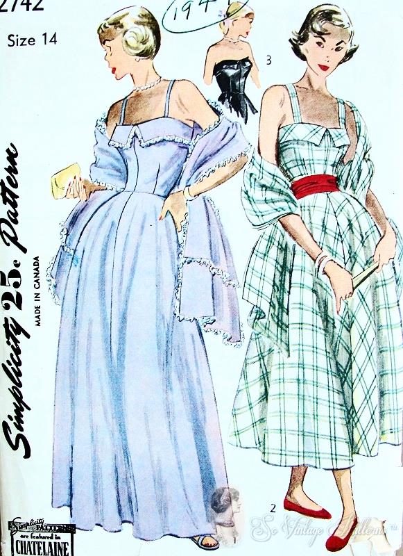 1940s  Cocktail or Evening Gown and Stole Pattern Flattering Strapless or with Straps Dress  Simplicity  2742  Featured in Chatelaine Magazine in 1949