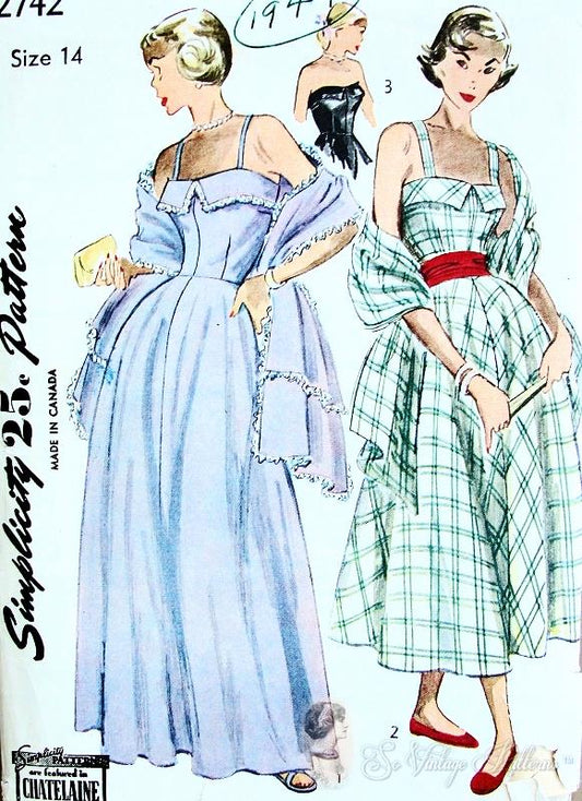 1940s  Cocktail or Evening Gown and Stole Pattern Flattering Strapless or with Straps Dress  Simplicity  2742  Featured in Chatelaine Magazine in 1949