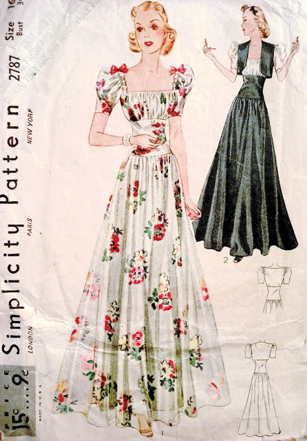 1930s EVENING DRESS, BOLERO PATTERN LOVELY  DEEP SQUARE NECKLINE SIMPLICITY 2787