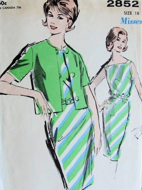 1960s STYLISH Slim Dress and Jacket Pattern SEW EASY ADVANCE 2852 Sleeveless Sheath Dress and Short Sleeved Jacket Bust 38 Vintage Sewing Pattern