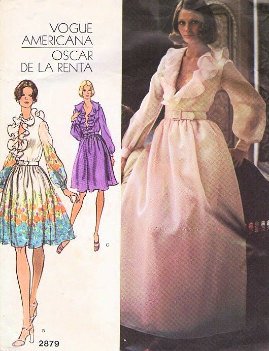 1970s ALURING Oscar de La Renta Party or Evening Gown Pattern VOGUE Americana 2879 PLUNGING Ruffled Neckline Evening Dress Bust  32 Vintage Sewing Pattern