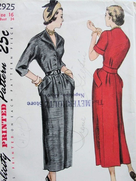 Late 40s CHIC Slim Dress Pattern SIMPLICITY 2925 Easy Elegance, Bust 36 Vintage Sewing Pattern