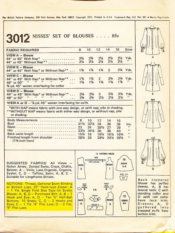 1970s Lovely Blouse Pattern McCALLS 3012  Scoop Neckline, Ascot Tied or Victorian High Ruffled Collar Bust 31 Vintage Sewing Pattern UNCUT
