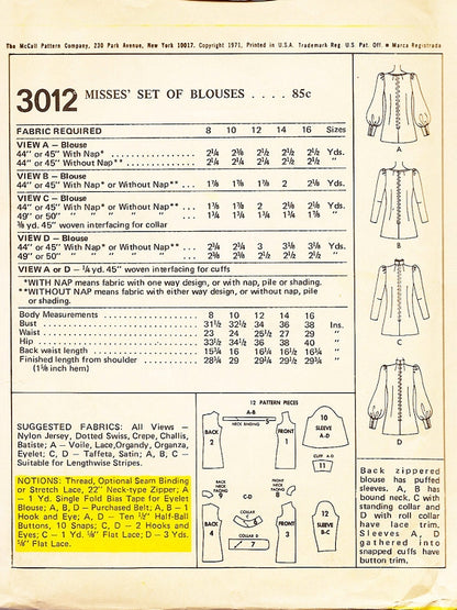 1970s Lovely Blouse Pattern McCALLS 3012  Scoop Neckline, Ascot Tied or Victorian High Ruffled Collar Bust 31 Vintage Sewing Pattern UNCUT