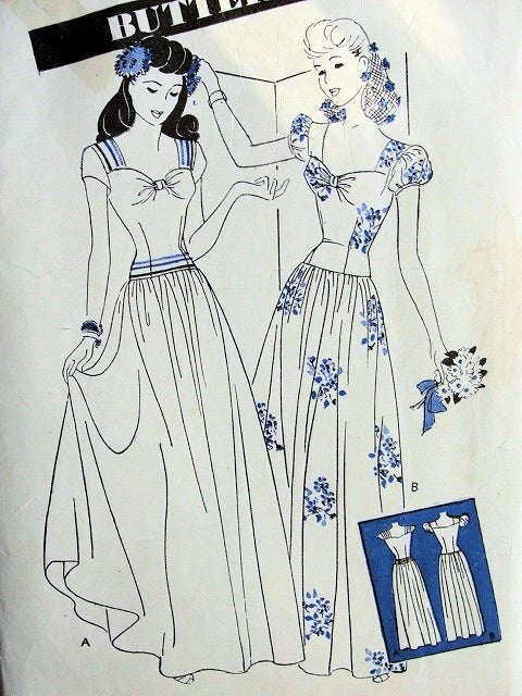 1940s  EVENING DRESS BALLROOM GOWN PATTERN LOW WIDE SWEETHEART NECKLINE, BASQUE BODICE, LONG TORSO STYLE, DIRNDL SKIRT PERFECT FOR DANCING BUTTERICK 3013