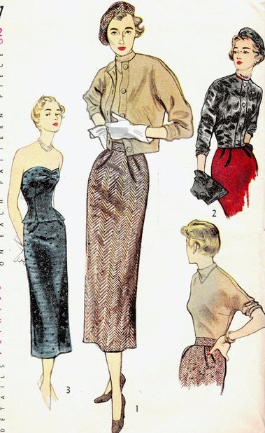 1950s DRAMATIC Evening or Day Wardrobe Pattern SIMPLICITY 3027 Slim Skirt Strapless Sweetheart Bodice Jacket, Sweater Blouse and Beret Hat Vintage Sewing Pattern UNCUT