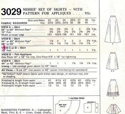 70s RETRO Set of Circular Skirts and Appliques Pattern McCALLS 3029 Disco Mini to Maxi Length Waist 25 Vintage Sewing Pattern UNCUT