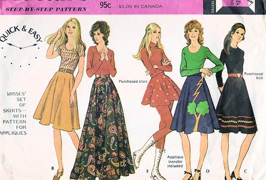 70s RETRO Set of Circular Skirts and Appliques Pattern McCALLS 3029 Disco Mini to Maxi Length Waist 24 Vintage Sewing Pattern UNCUT