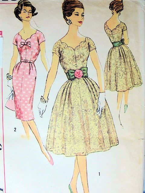 1960s LOVELY Party or Day Dress Pattern SIMPLICITY 3045 ,Full or Slim Dress, Scalloped Neckline Bust 34 Vintage Sewing Pattern