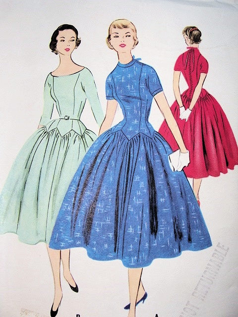 1950s McCALLS PATTERN 3075 FULL SKIRTED PARTY COCKTAIL DRESS, 2 NECKLINES