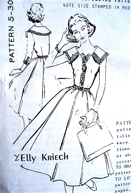 1950s BEAUTIFUL Full Skirt Dress Pattern SPADEA 308 Elly Kriech Designer Lovely Neckline Box Pleated Dress Bust 34 Vintage Sewing Pattern