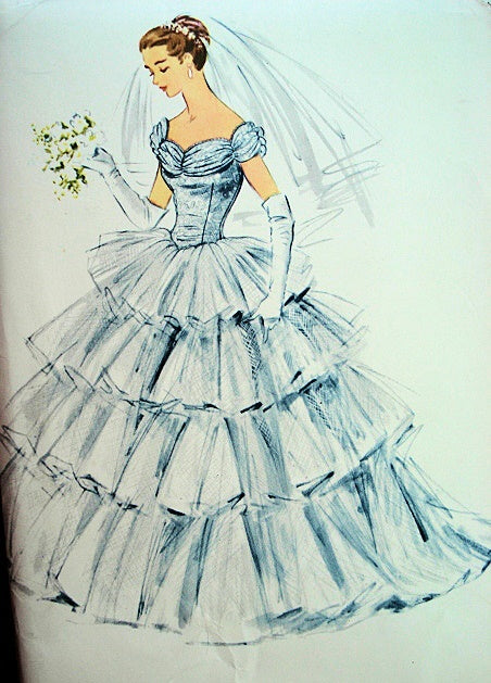 1950s McCalls Pattern 3113 DREAMY Romantic WEDDING DRESS BRIDAL GOWN  Multi Tiered Tulle Full Skirted Fitted Bodice Flattering Neckline Ante Bellum Design