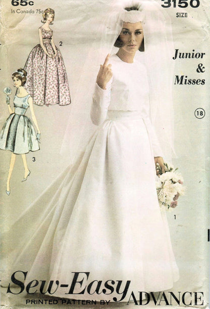 1960s BEAUTIFUL Wedding Bridal Gown or Evening Cocktail Party Dress Pattern ADVANCE 3150 Lovely Design Includes Button Back Jacket Bust 36 Vintage Sewing Pattern FACTORY FOLDED