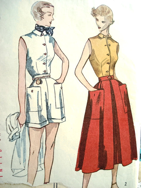 1950s FAB Pin Up Style Beach Wear Pattern SIMPLICITY 3160 Fitted Sleeveless Blouse, High Waist Cuffed Shorts, Lovely Front Inverted Pleat Skirt Perfect Resort Wear Bust 32 Vintage Sewing Pattern