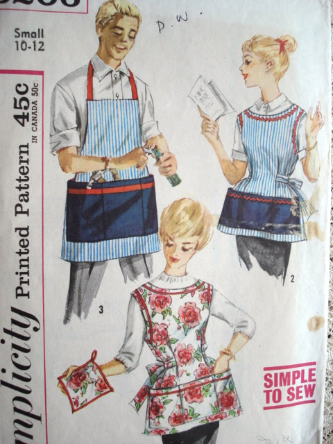 1950s His and Hers Vintage Aprons Pattern Simplicity 3206 Cobbler Style Aprons With Pot Holder Simple To Sew Vintage Sewing Pattern
