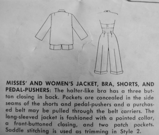 1950s  Beach Wear Pattern Pin Up  Halter Bra Top, Wing Collar Beach Jacket,  High Waist Shorts or Pedal Pusher Capri Length Pants Simplicity 3250 Vintage Sewing Pattern Bust 32